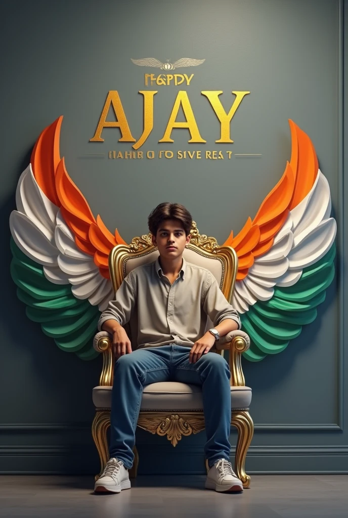 Create realistic illusion image A 20 years old boy is sitting on a king chair with indian tricolor wings and behind him the color of the wall is gray on which "Ajay" is written in golden, and also written" Happy Independence Day" in clear letter written on Small size on bottom.