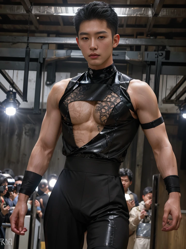 photo of a handsome (korean man), ((futuristic fashion show)), (Supermodel), runway, (smirk:0.7), coiffed hairstyle, (oily skin), (looking at viewer), fashion model posing, b0ndage, ((bondage strap outfit)), male focus, dynamic movement, (ultra realistic, masterpiece, hdr, intricate details, detailed background, depth of field), dynamic pose, dynamic angle
