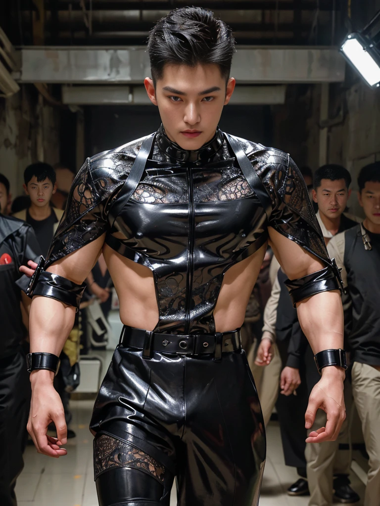 photo of a handsome (korean man), ((futuristic fashion show)), (Supermodel), runway, (smirk:0.7), coiffed hairstyle, (oily skin), (looking at viewer), fashion model posing, b0ndage, ((bondage strap outfit)), male focus, dynamic movement, (ultra realistic, masterpiece, hdr, intricate details, detailed background, depth of field), dynamic pose, dynamic angle
