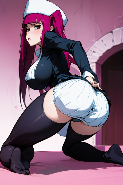 20 year old woman, busty, bubble butt, hourglass figure, skinny, blushing, embarassed, shocked expression, horny, seductive, long hair, red hair, twintail hair, wearing black dress, laced corset, black stockings, knee high boots, tight fitting clothing, anime, night, city, neon city, punk, punk style, punk hair, ((open mouth)), ((drooling)), ((wet)), bare shoulders, elbow gloves, frills, puffy dress, mid-length skirt, in heat, sexual pose, arroused, ahegao, full body