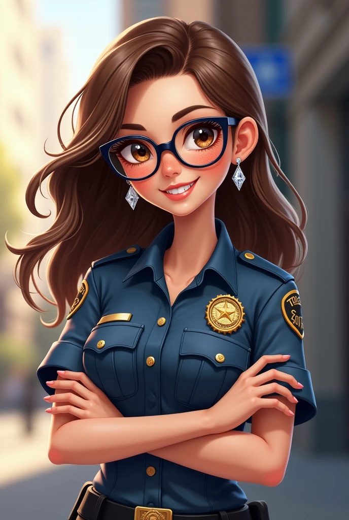 White policewoman with freckles and brown hair, brown eyes, cute smile and glasses without lenses, diamond earrings, crossing her arms like a character from the game Gran the Auto 5
