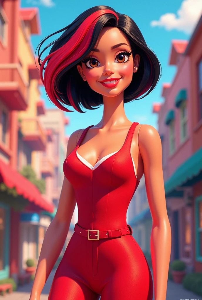 Barbie cartoon style, with brown eyes,short red and black hair, dressed in red