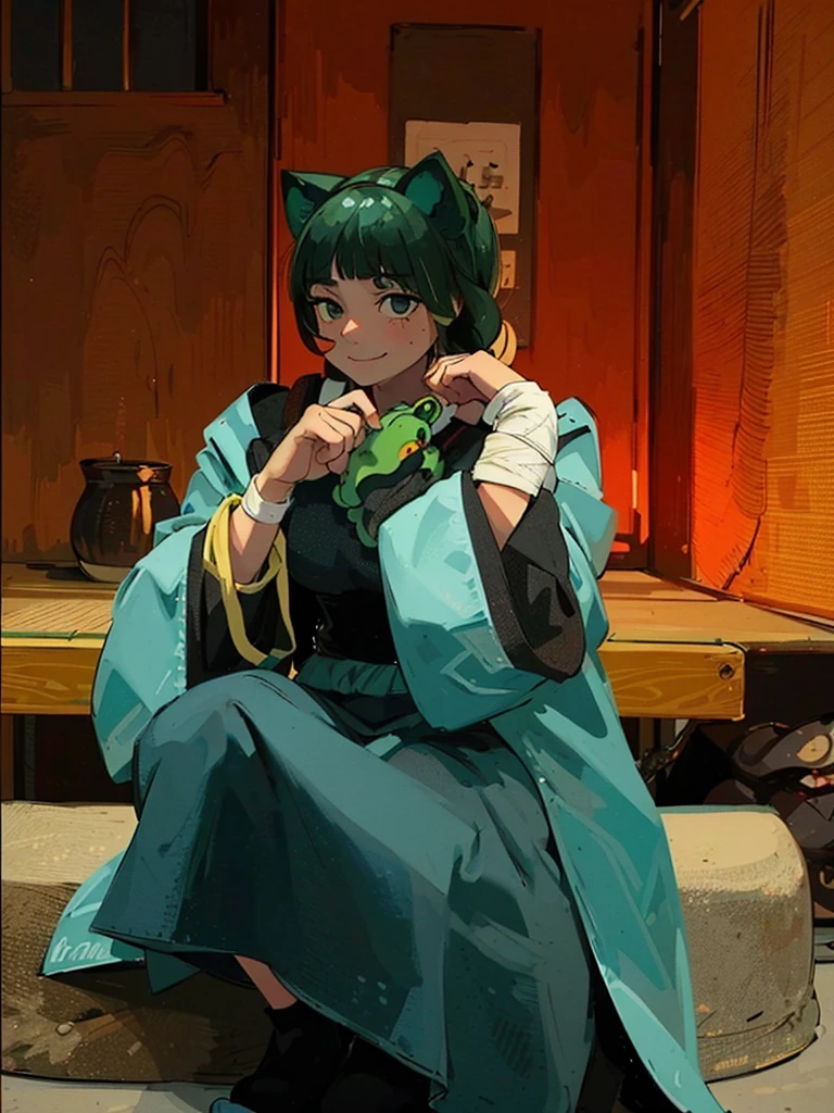 1 girl, animal ears, bangs, black eyes, green hair, straight bangs, cat ears, closed mouth, freckles, holding, holding a frog, indoors, Japanese clothes, long sleeves, looking at the viewer, two pigtails, sitting, smile, solo, wide sleeves, Chinese interior, bandage on arm, arm bandaged