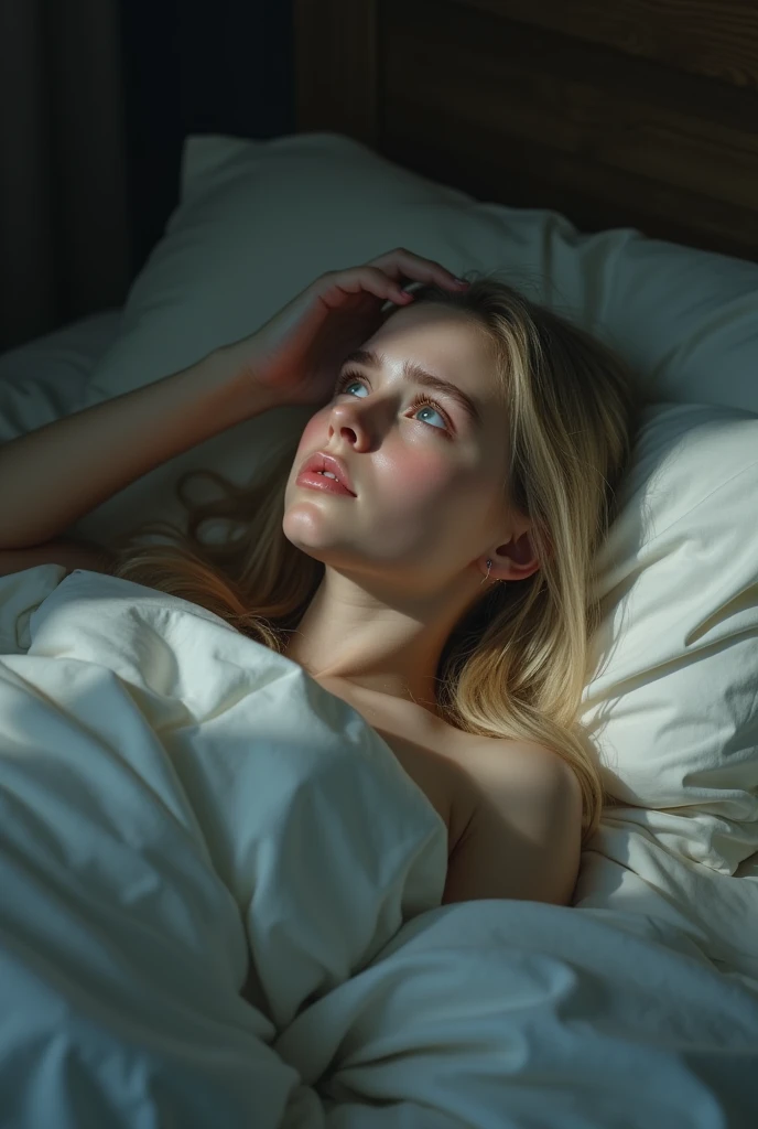 Make a blonde girl from afar laying in bed, staring at the roof with tears in her face and touching her head, realistic picture, full body