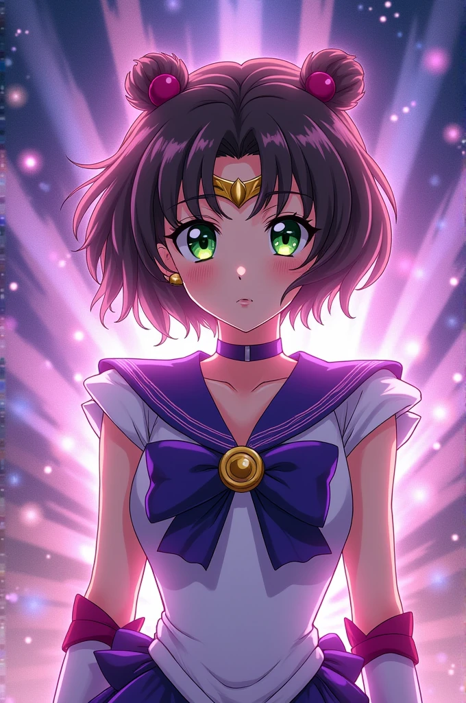 anime girl, green eyes, short brown hair, dressed in Sailor Moon Saturn transformation