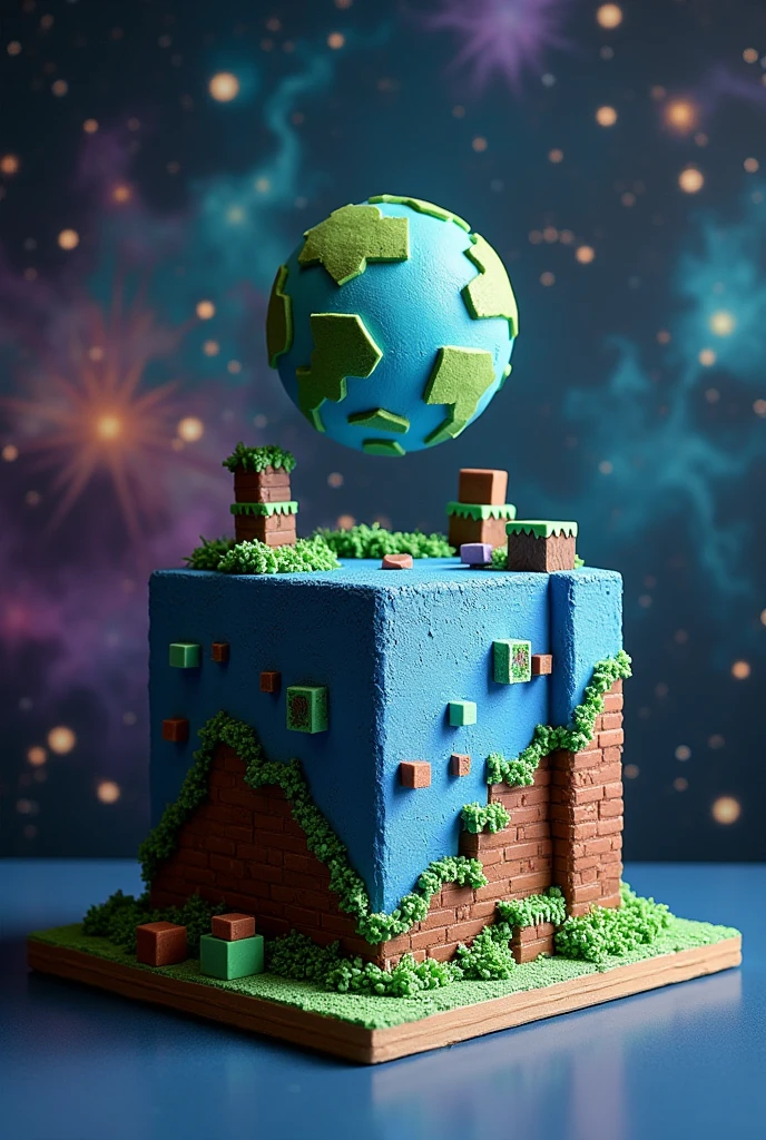 Create a simple cake design image that mixes space and the Minecraft universe please