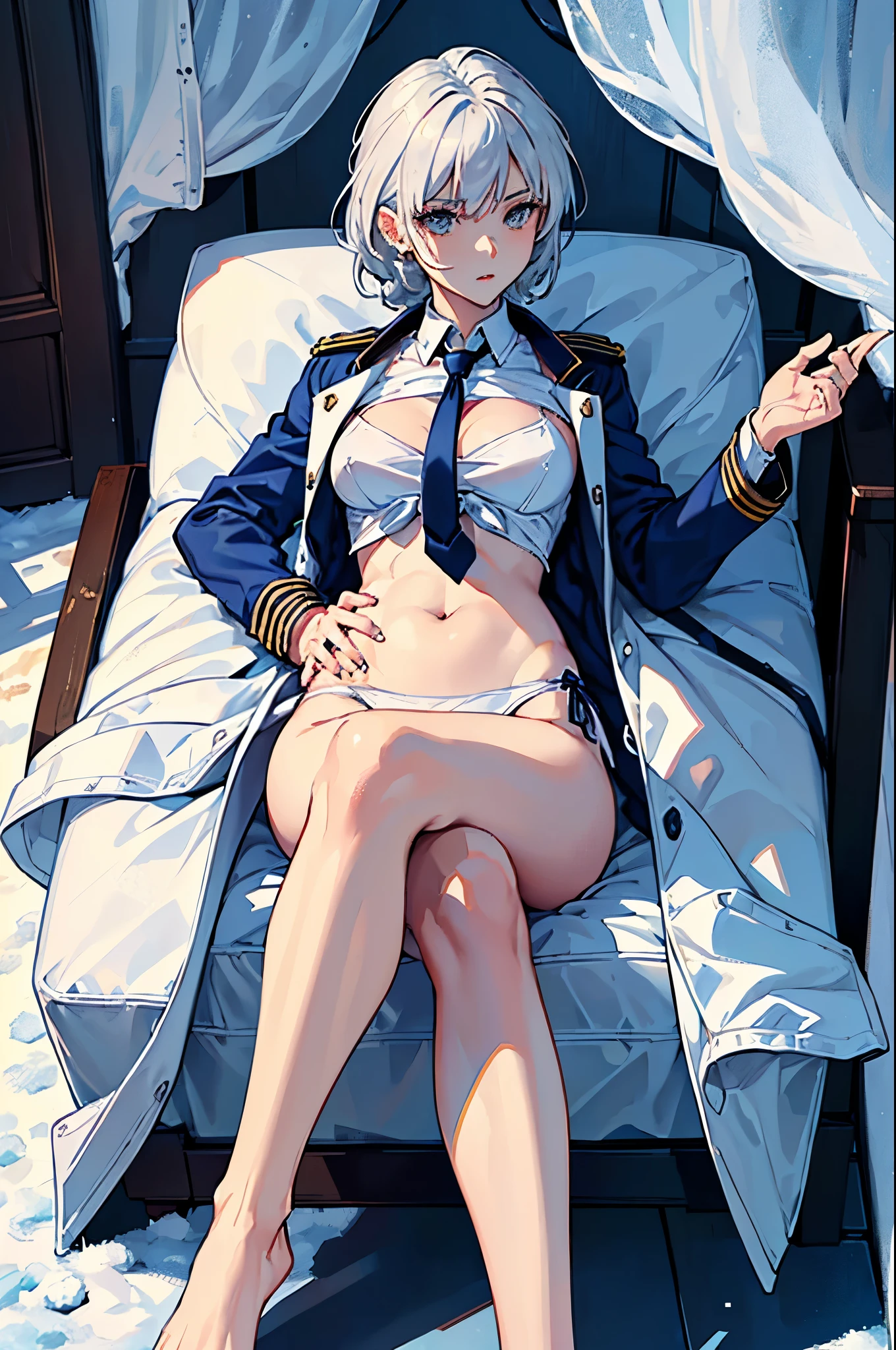 masterpiece,(Perfect Anatomy:1.5), highest quality, 1 lady , slender, leggy, Seductive, (wear a white long sleeved shirt, tie, navy officer winter jacket:1.5), white bikini pantie , barefoot, Perfect hands, Perfect body, reclining, lying on a sofa, leg up , looking away, ((Exquisite detail)), Very finely crafted fingers(((10 fingers))), (full body showcase), (Show your whole body), (no background), (No logo) , high resolution, parted lips, belly button, feet up