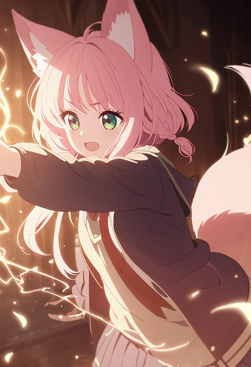 a Young girl, kitsune girl, long pink hair, green eyes, long kitsune ears, large and long pink tail, School uniform,, beautiful detailed eyes, soft lighting, warm color palette, , cinematic composition, dramatic lighting, highly detailed, intricate details, big sensually, Making Harry Potter Spells