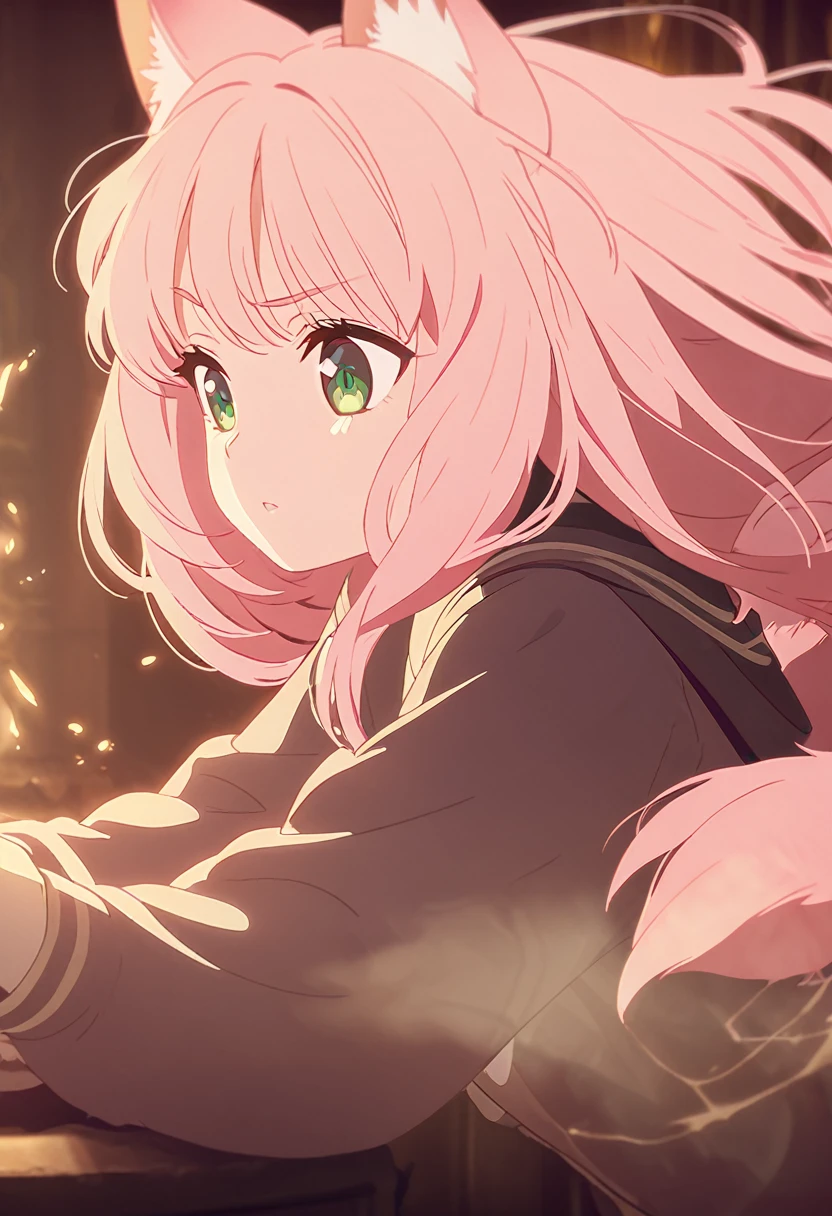 a Young girl, kitsune girl, long pink hair, green eyes, long kitsune ears, large and long pink tail, School uniform,, beautiful detailed eyes,  soft lighting, warm color palette, , cinematic composition, dramatic lighting, highly detailed, intricate details, big sensually, Making Harry Potter Spells 