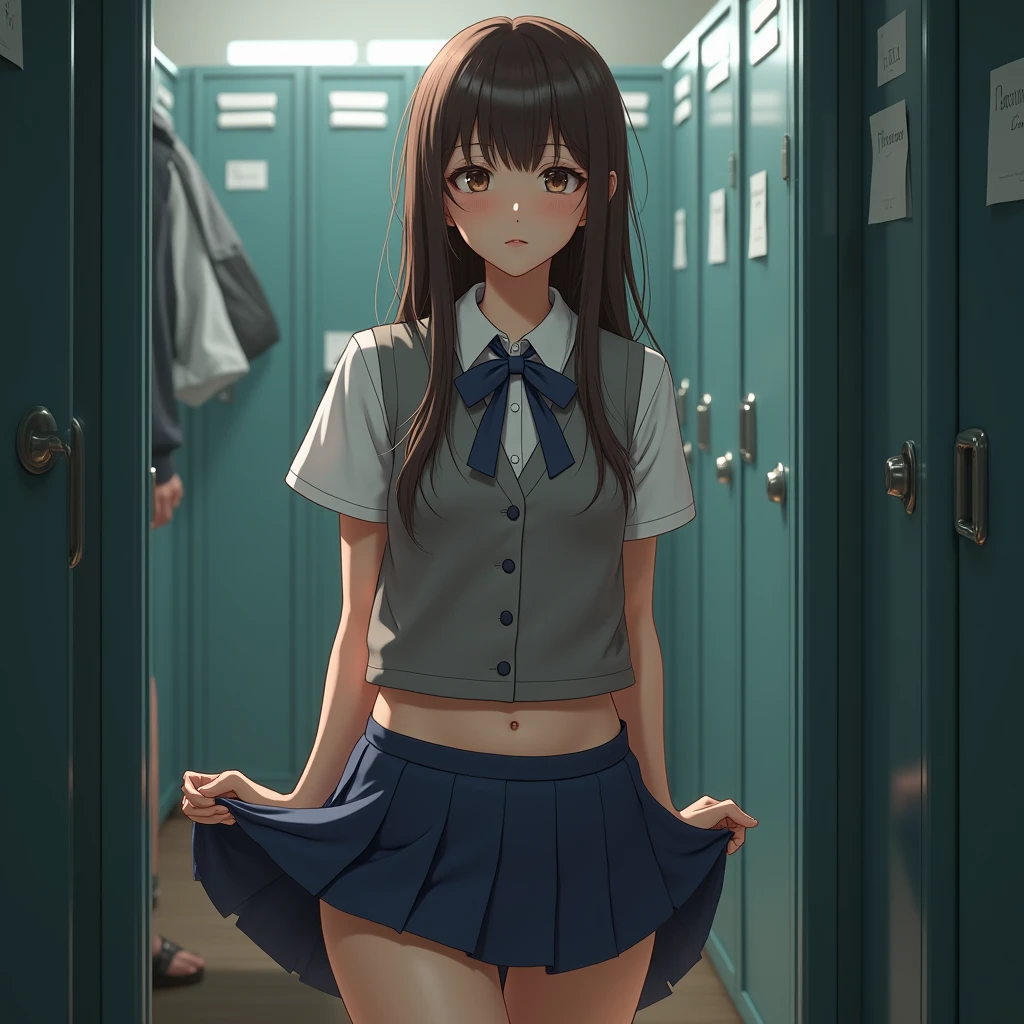 This is a locker room at a Japanese high school.、A high school girl changing clothes in the locker room is in the process of changing clothes.、I'm taking off my skirt、The upper body is in underwear、淡い水色のUnderwear is visible、R-18 、erotic manga、erotic illustration、adult doujinshi、Underwear is visible、They have pubic hair growing on their thighs.、A woman with a good amount of flesh
