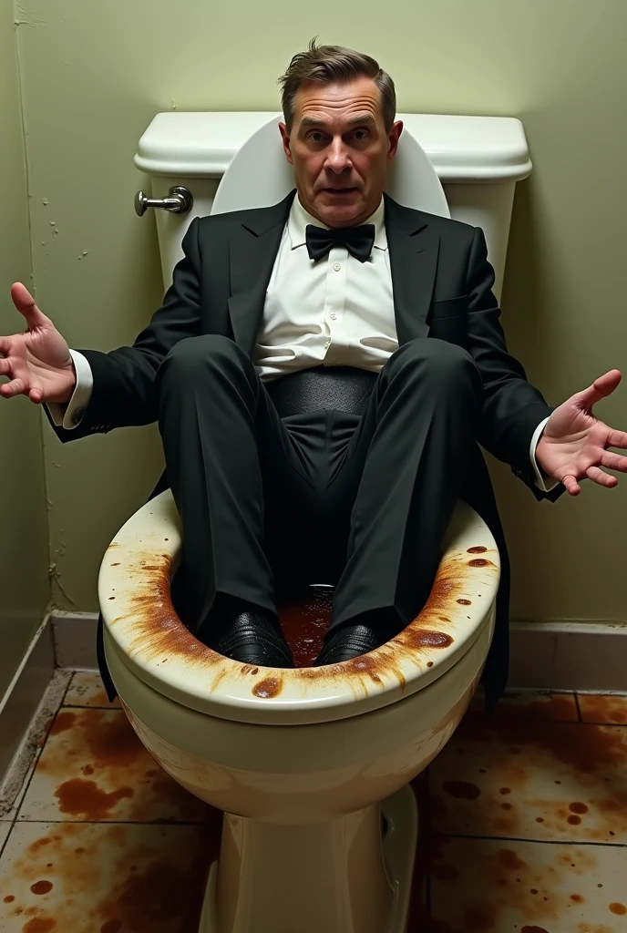 Man in formal clothes stuck with his legs inside a toilet stained with poop