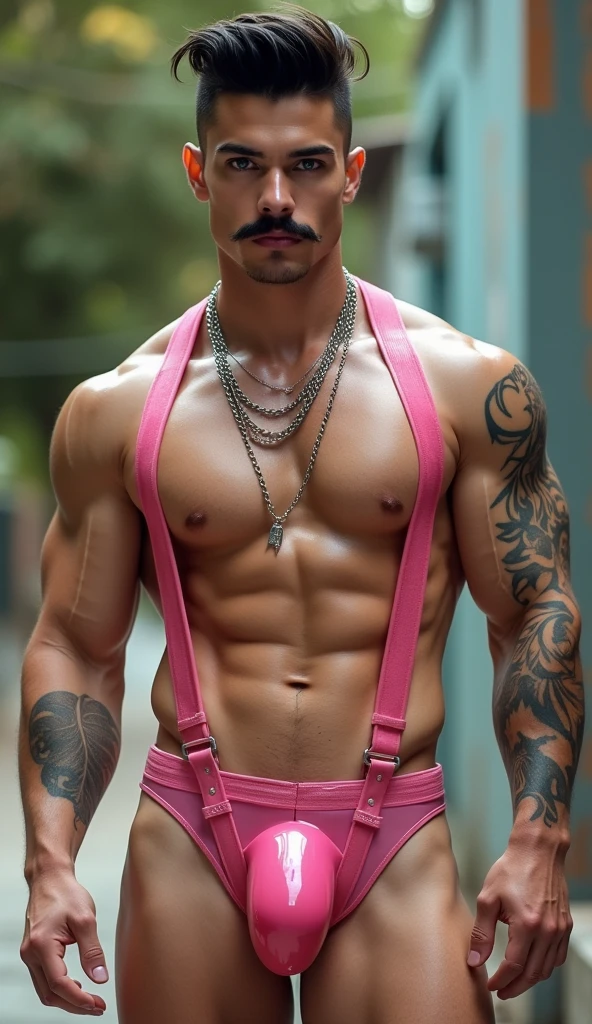 Fullbody standing picture of white skin Handsome muscular horny nude sexy gay boy wearing sexy shiny pink latex harness, shiny black Disconnected Pompadour oiled hair style, imperial mustache, blue eyes, shiny black varnished vinyl shoes, red lip, chain, tattoos, horny, cum shot, sperm, milking penis, big penis, very big testicle, shiny oiled skin, orgasm, oversexed, standing at outdoor.