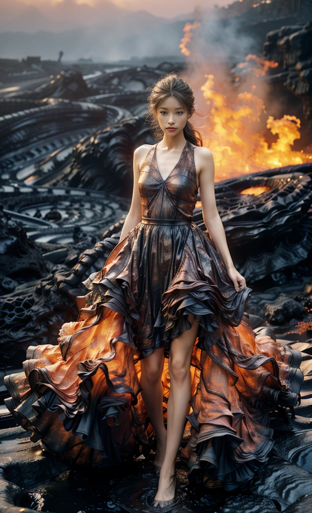 (8K, RAW photo, Best quality,Masterpiece:1.2),(Realistic, photo-realistic:1.37), 1girll,Long legs, full bodyesbian,(molten lava:1.3),Ocean,Dress made of roses，a volcano erupts，Magma flow，Infrared photography, 1.4x realism，UHD，textured skin，(anatomy correct，Accurate and perfect Korean female face，Golden ratio)