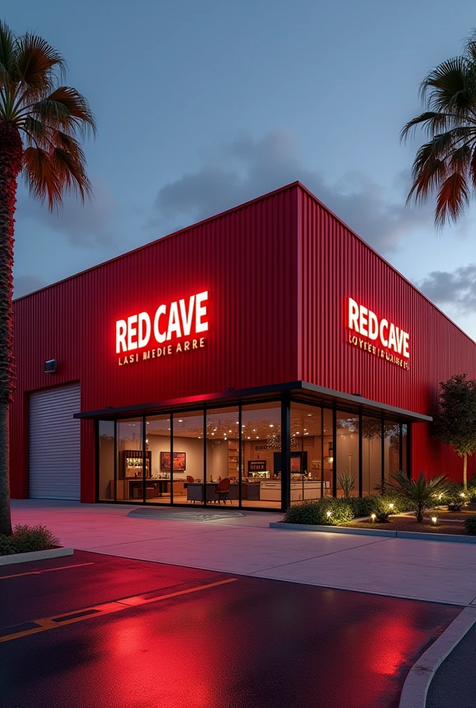 Commercial warehouse, with a red facade, metal in the shape of a warehouse, lights and palms on the outside, striking sign with the name "Red Cave" is a cabinet company, panoramic and aerial image with good projection of its name