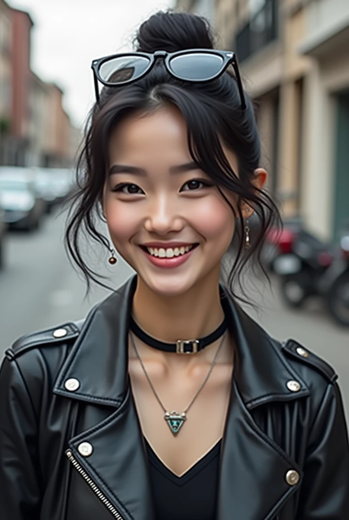 Beautiful young woman of the year、 Korean women、Black Hair、Hairstyle bun、Necklace around the neck、sunglasses、leather jacket、shirt、smile, Beautiful teeth alignment、Intricate details, Very detailed:1.2), 、 Looking into the camera,The background is the town、Ear piercing

