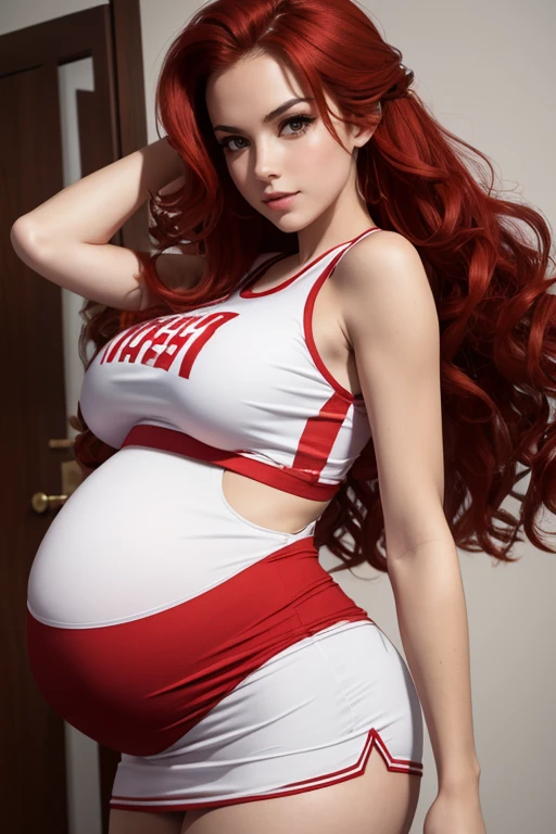 8k, masterpiece, very realistic, Full body Sexy pregnant cheerleader, very slim waist, slim thighs, pleated red cheerleader dress, white cheer crop top, long wavy red hair, medium breasts, pregnant, curved back, 