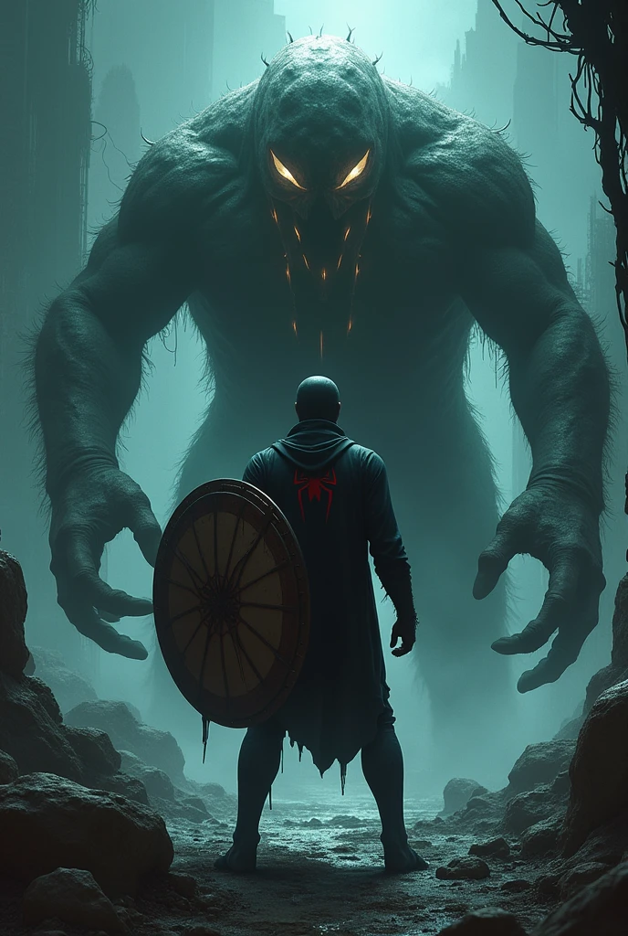 Make an image spider man noir uses shield against a creature in the love craft universe profile picture