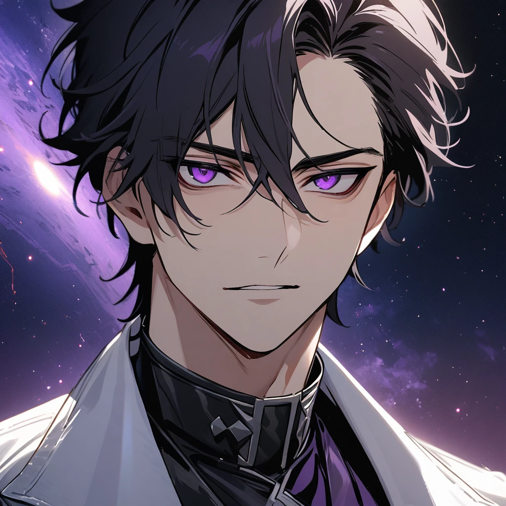 High quality, HD, 4k, no shadows, handsome male, handsome, 1male, 18 years old, mature, jet black hair, short black hair, dark hair, black hair, jet black hair, sharp eyes, deep purple colored eyes, dark purple colored eyes, deep purple eyes, purple eyes, devil may cry, close up, calm expression, stoic expression, black leather clothes, white leather clothing, lean body, well trained body, upper body, looking at viewer, cowboy shot, white solar, space background