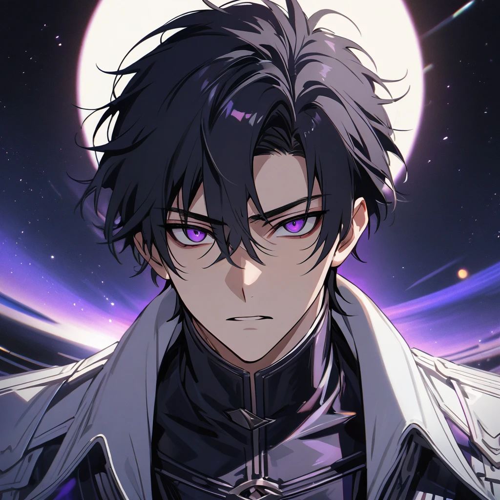 High quality, HD, 4k, no shadows, handsome male, handsome, 1male, 18 years old, mature, jet black hair, short black hair, dark hair, black hair, jet black hair, sharp eyes, deep purple colored eyes, dark purple colored eyes, deep purple eyes, purple eyes, devil may cry, close up, calm expression, stoic expression, black leather clothes, white leather clothing, lean body, well trained body, upper body, looking at viewer, cowboy shot, white solar, space background