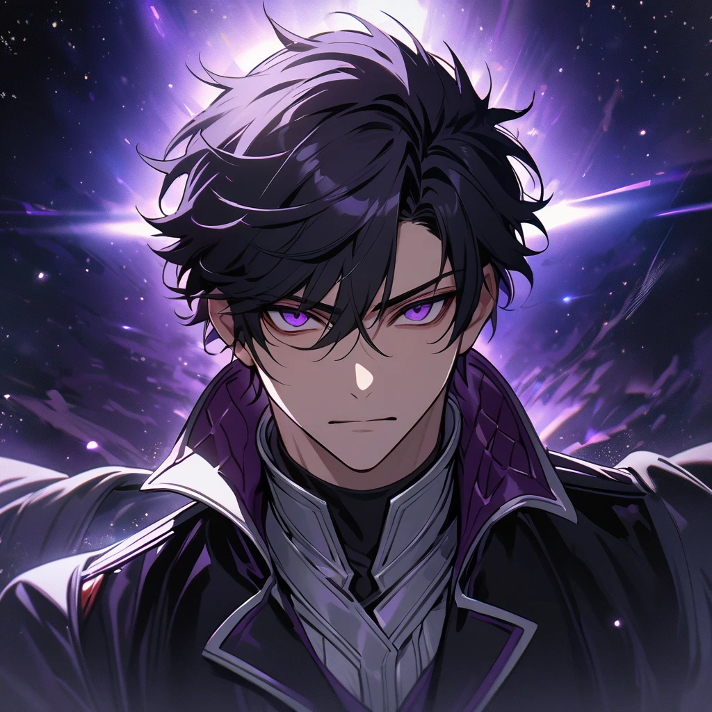 High quality, HD, 4k, no shadows, handsome male, handsome, 1male, 18 years old, mature, jet black hair, short black hair, dark hair, black hair, jet black hair, sharp eyes, deep purple colored eyes, dark purple colored eyes, deep purple eyes, purple eyes, devil may cry, close up, calm expression, stoic expression, black leather clothes, white leather clothing, lean body, well trained body, upper body, looking at viewer, cowboy shot, white solar, space background