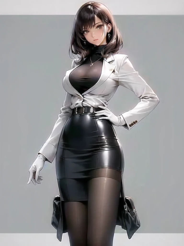 A high resolution, 1 mature woman, 25 years old, Cute Girl, a woman wearing a mask and a dress, latex gloves, female spy, business attire, female outfit, office clothes, wearing a strict business suit, dystopian outfit, girl in suit, girl in a suit, female lead character, 1960s style fasion, business outfit, female in office dress, work clothes, avant designer uniform, white business suit, long sleeves, brown Vest, brown office business skirt, big breasts, curvy body, dynamic pose, cowboy shot,