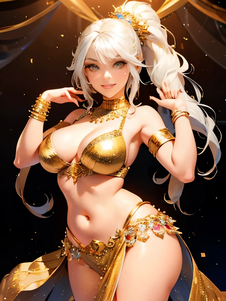 a lady wearing a gold and white outfit, beautiful costume, jeweled costume, belly dancing, gold and white, white with gold accents, intricate outfit, ornate with gold trimmings, fun rave outfit, cute rave outfit, gorgeous figure, rave outfit, she is dressed as a belly dancer, white and gold, gold bra