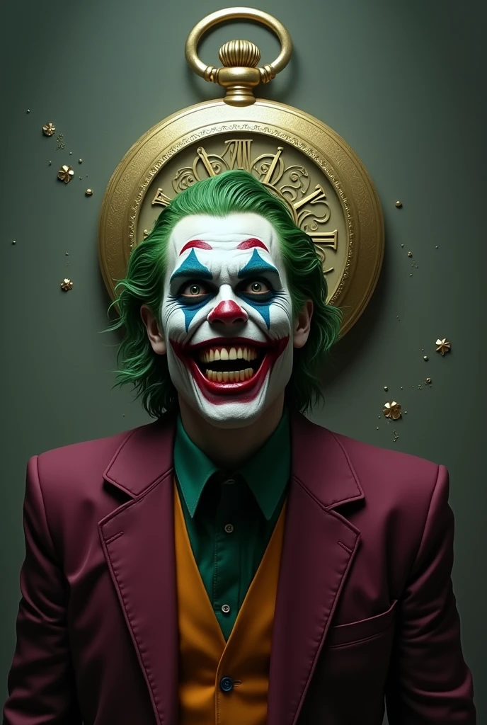 A psychopath with the appearance of the Joker. A large pocket watch is in the background.