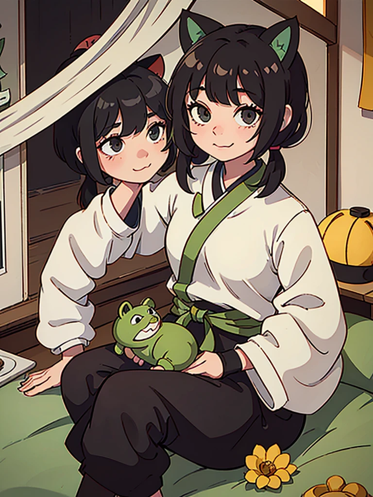 1 girl, animal ears, bangs, black eyes, green hair, straight bangs, cat ears, closed mouth, freckles, holding, holding a frog, indoors, Japanese clothes, long sleeves, looking at the viewer, two pigtails, sitting, smile, solo, wide sleeves, Chinese interior, bandage on arm, arm bandaged
