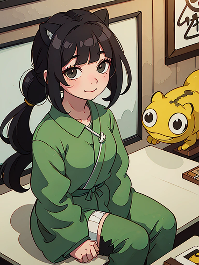 1 girl, animal ears, bangs, black eyes, green hair, straight bangs, cat ears, closed mouth, freckles, holding, holding a frog, indoors, Japanese clothes, long sleeves, looking at the viewer, two pigtails, sitting, smile, solo, wide sleeves, Chinese interior, bandage on arm, arm bandaged