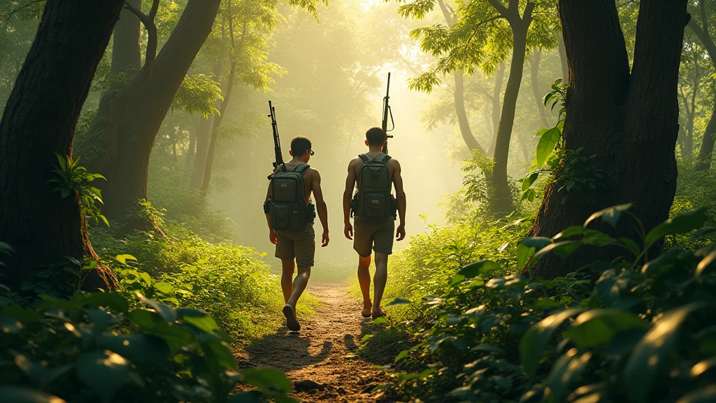Two 20-year-old Cambodian hunters with guns walk through the forest during the day View from above 8k