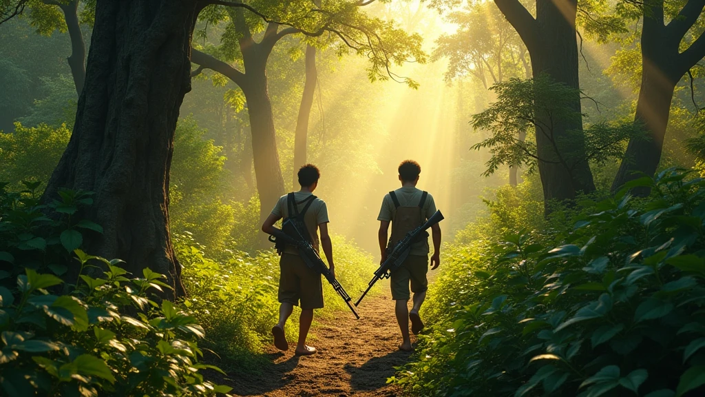 Two 20-year-old Cambodian hunters with guns walk through the forest during the day View from above 8k  