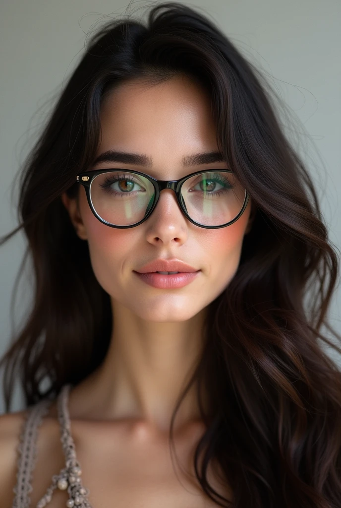a realistic photo of a [very pretty 26 year old woman], with [long, wavy, dark hair], looks like [Dakota Johnson] and [Felicity Jones], wearing [thick nerd glasses], light makeup, looking [innocent, cute, flushed], [light] skin 