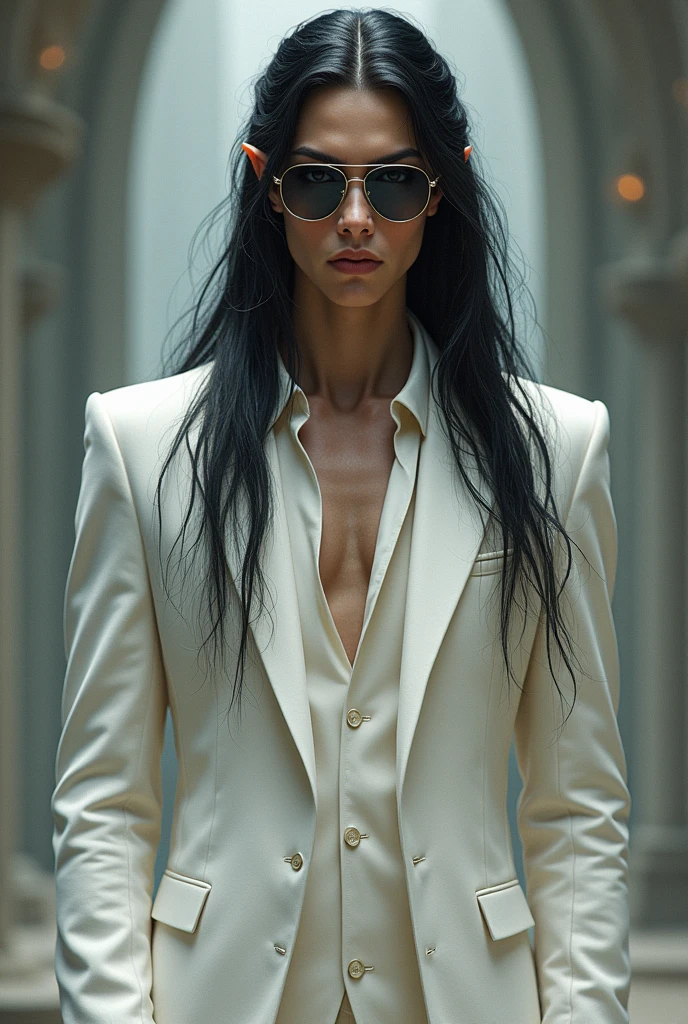 Sauron in his elven form with a white suit and sunglasses, but more beautiful
