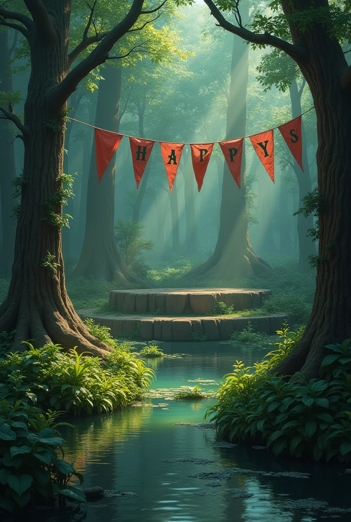 Create a party scene in the swamp, with stage, flags, Sapos