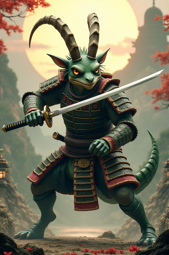 (ReV Animated: 1.2), Hybrid of a goat and a frog with armor and katana style samurai in pose of fight and
traditional japanese style background