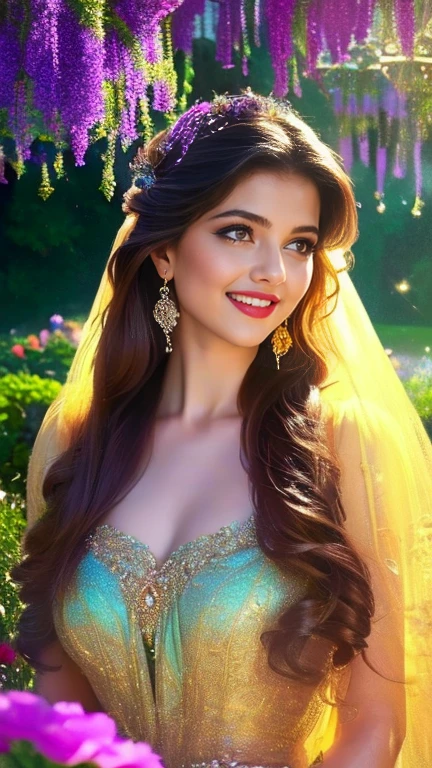 (a beautiful woman in a stunning gown of flowing silk with a radiant smile and captivating eyes),vibrant colors,highres,ultra-detailed,sharp focus,soft lighting,realistic,fantasy-inspired,portraits,subtle color palette,ethereal glow,fairytale,graceful,pastel shades,enchanted garden,lovely flowers,twinkling lights,whimsical ambiance