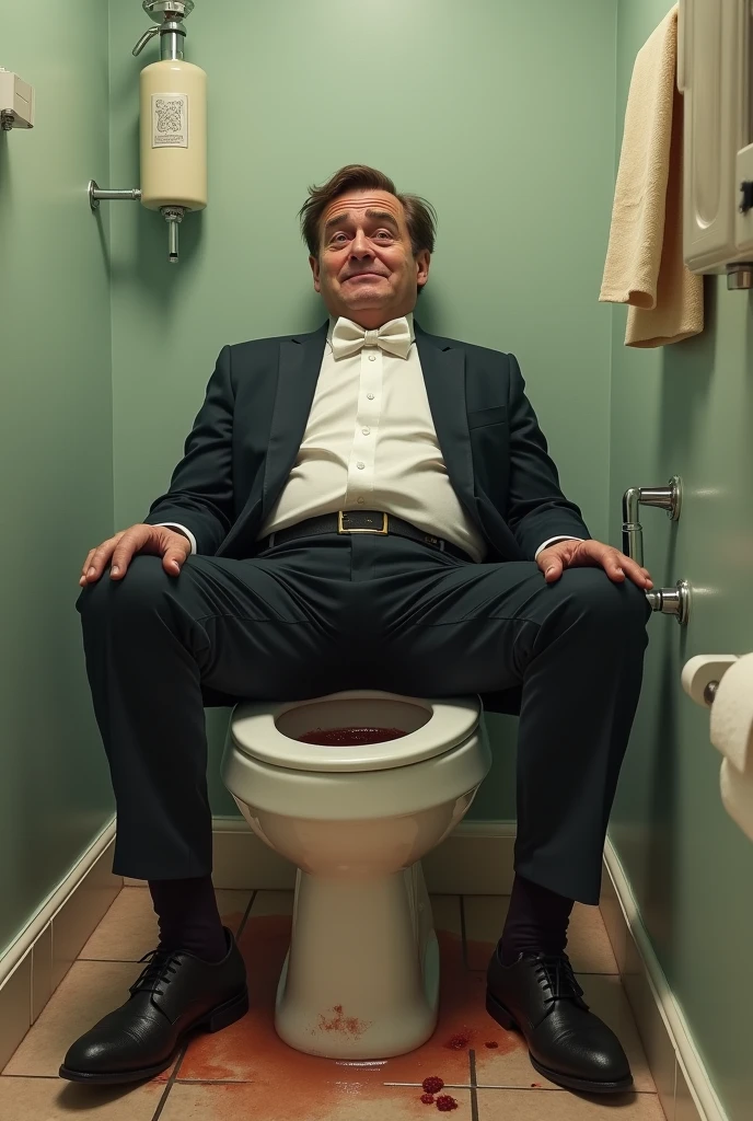 Man in formal clothes stuck with his legs inside a toilet stained with poop
