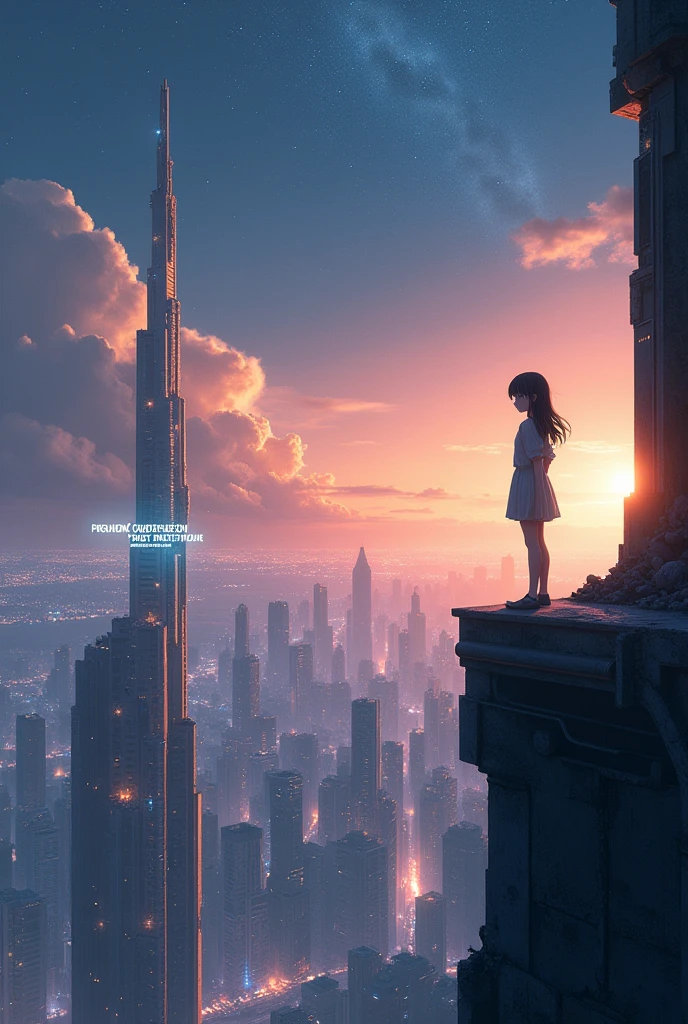 A futuristic cityscape bathed in soft, glowing lights with a vast, starry sky above. A young girl, symbolic of "I-san," stands on the edge of a tall building, gazing out over the city with determination and hope in her eyes. The city is a mix of advanced technology and remnants of an older, broken world, representing a transition to a new future. Around her, faint holographic projections of dreams and wishes float, and the horizon is illuminated by the first light of dawn, signifying a new beginning.