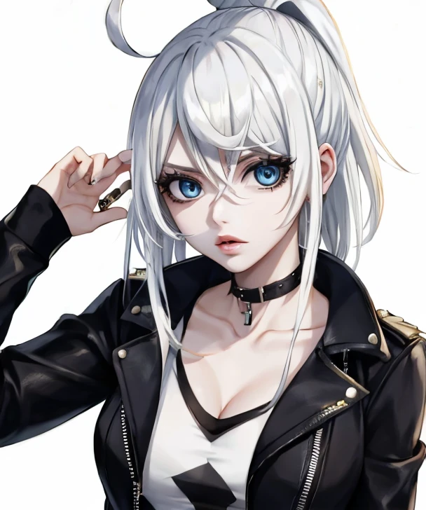 Lucy Heartfilia, blackquality hair, white skin covered in white makeup, punk clothes