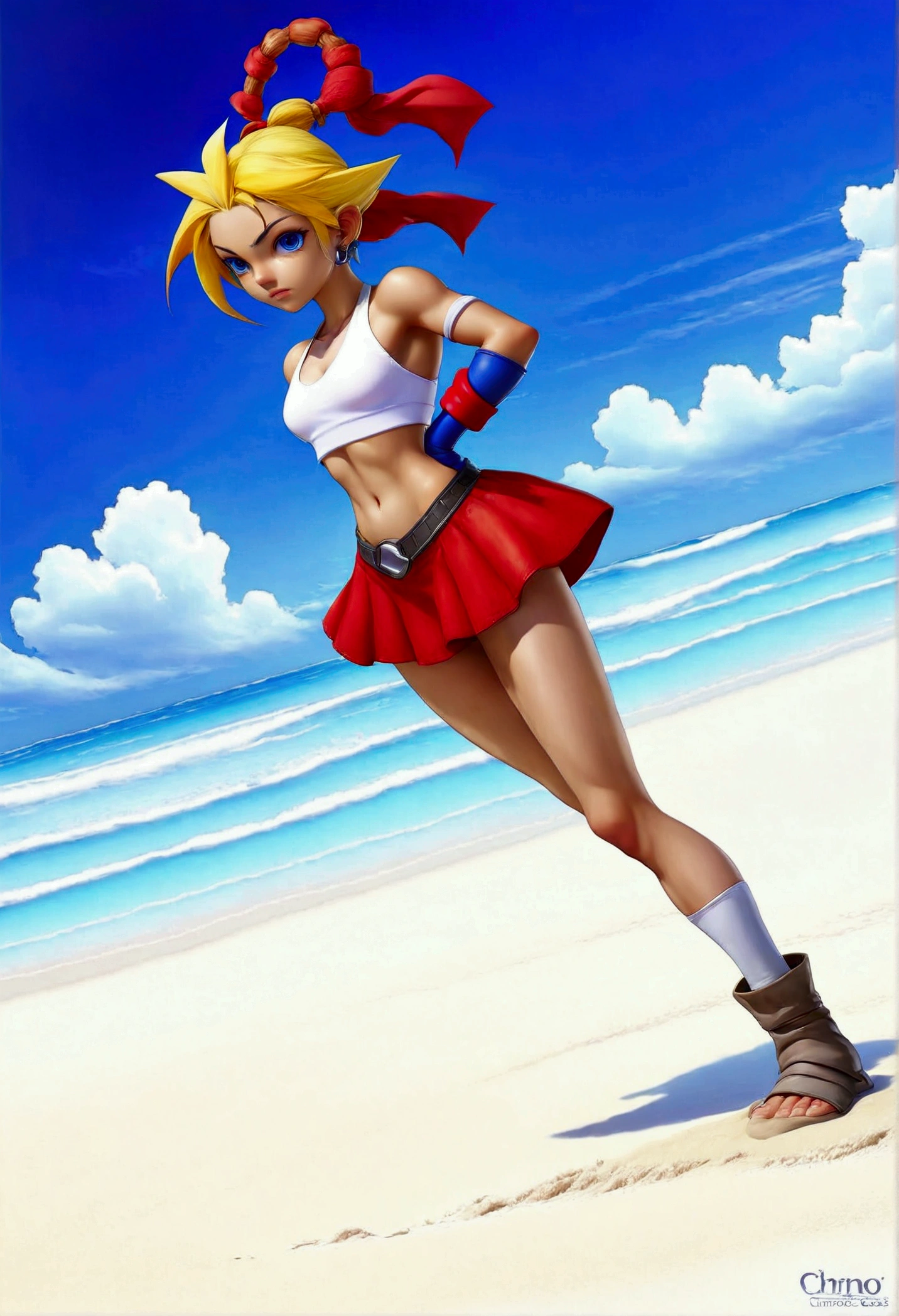 (promotional art), (Whole body view), (Kid from Chrono Cross:1.4), yellow hair in high ponytail braid, sapphire blue eyes, very slender toned frame, medium/large bust, pale white skin, (pair of white claw marks on both inner thighs;1.3), fierce expression, BREAK: (tight red micro skirt with very high front slit), high cropped red jacket with short sleeves, skin tight white sports bra under jacket, (tight white sports bra:1.25), loose brown leather ankle boots, BREAK: 1/4 walking pose, on a white sand beach, ocean spray shooting up behind her