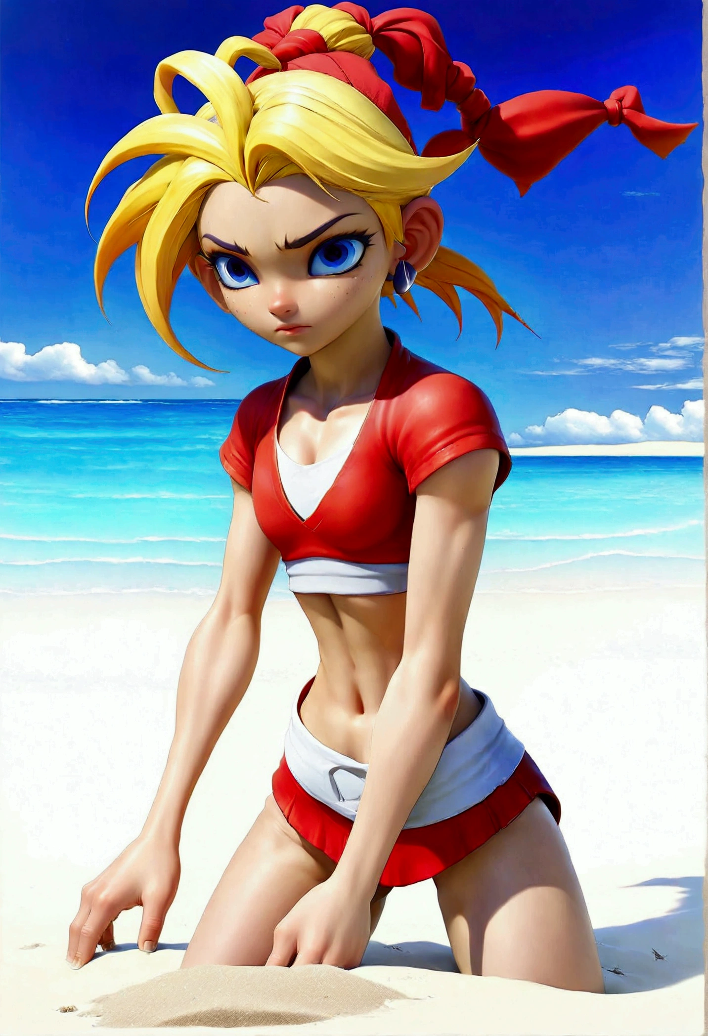 (promotional art), (Whole body view), (Kid from Chrono Cross:1.4), yellow hair in high ponytail braid, sapphire blue eyes, very slender toned frame, medium/large bust, pale white skin, (pair of white claw marks on both inner thighs;1.3), fierce expression, BREAK: (tight red micro skirt with very high front slit), high cropped red jacket with short sleeves, skin tight white sports bra under jacket, (tight white sports bra:1.25), loose brown leather ankle boots, BREAK: 1/4 walking pose, on a white sand beach, ocean spray shooting up behind her