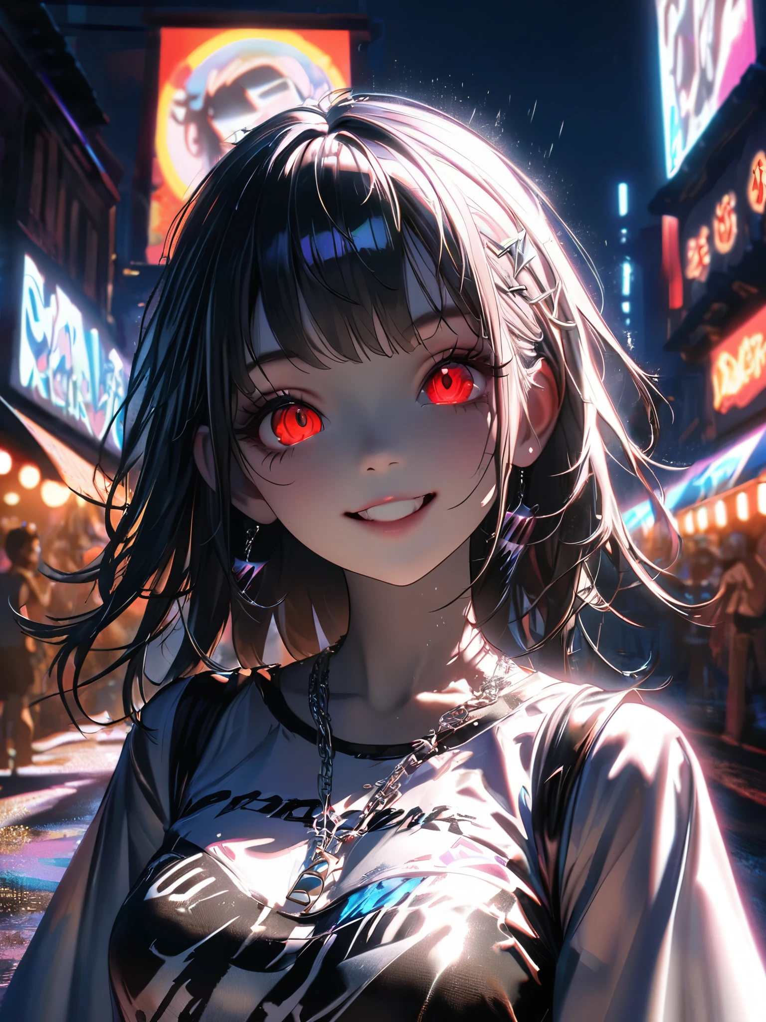 1 girl, chromatic aberration, Written boundary depth, Soft Light, masterpiece, Highest quality, complicated, Tone Mapping, A place where fireworks are set off at festivals. Concept Art, Smooth, Clear focus, Dramatic lighting, Very cinematic, super practical painting, アートステーション's trending, 8k, Incredible Shadows, practical, whole body, View, Viewers, Portrait of a Girl 1, standing on street corner, Heavy rain and lightning、Dark Sky, neon and cyber punk background, she is dressed in punk clothing with silver chains and silver spikes, Her hair was dyed a bright black color..........Ominous aura of light, smile, punk, ciber punk, Backlight.Fashionable clothes、Friendly dress code:Wearing a cute white dress.My breasts are a little big.Beautiful red eyes