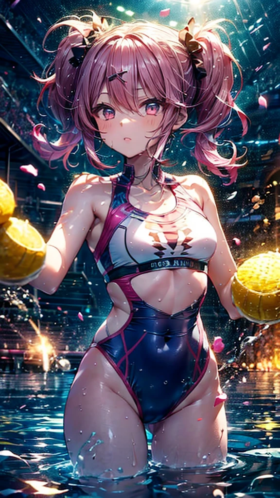 14 years old, girl, sports bra, type swimsuit, small chest, dark pink hair, ((short hair)(pigtails)),