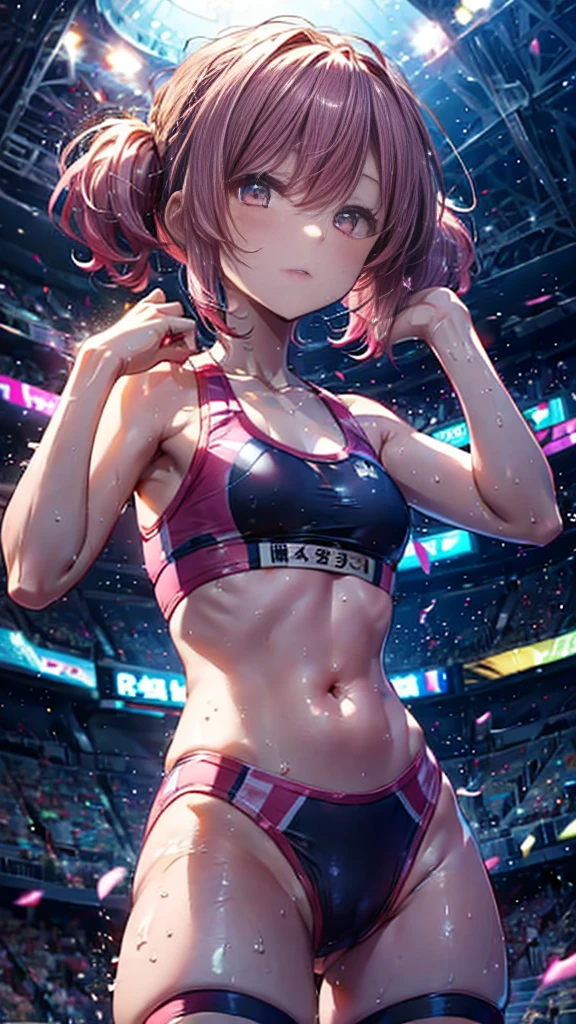 , girl, sports bra, type swimsuit, small chest, dark pink hair, ((short hair)(pigtails)),