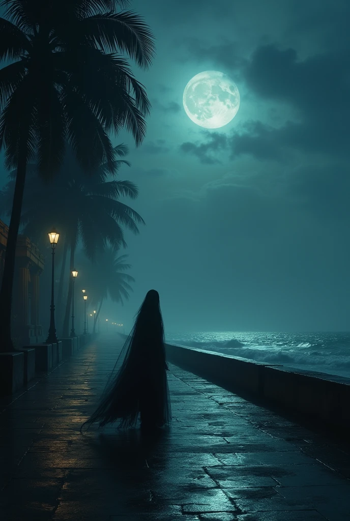 
These prompts capture the chilling and mysterious elements of the story, emphasizing the stark contrast between the beauty of Marine Drive by day and the haunting presence by night.