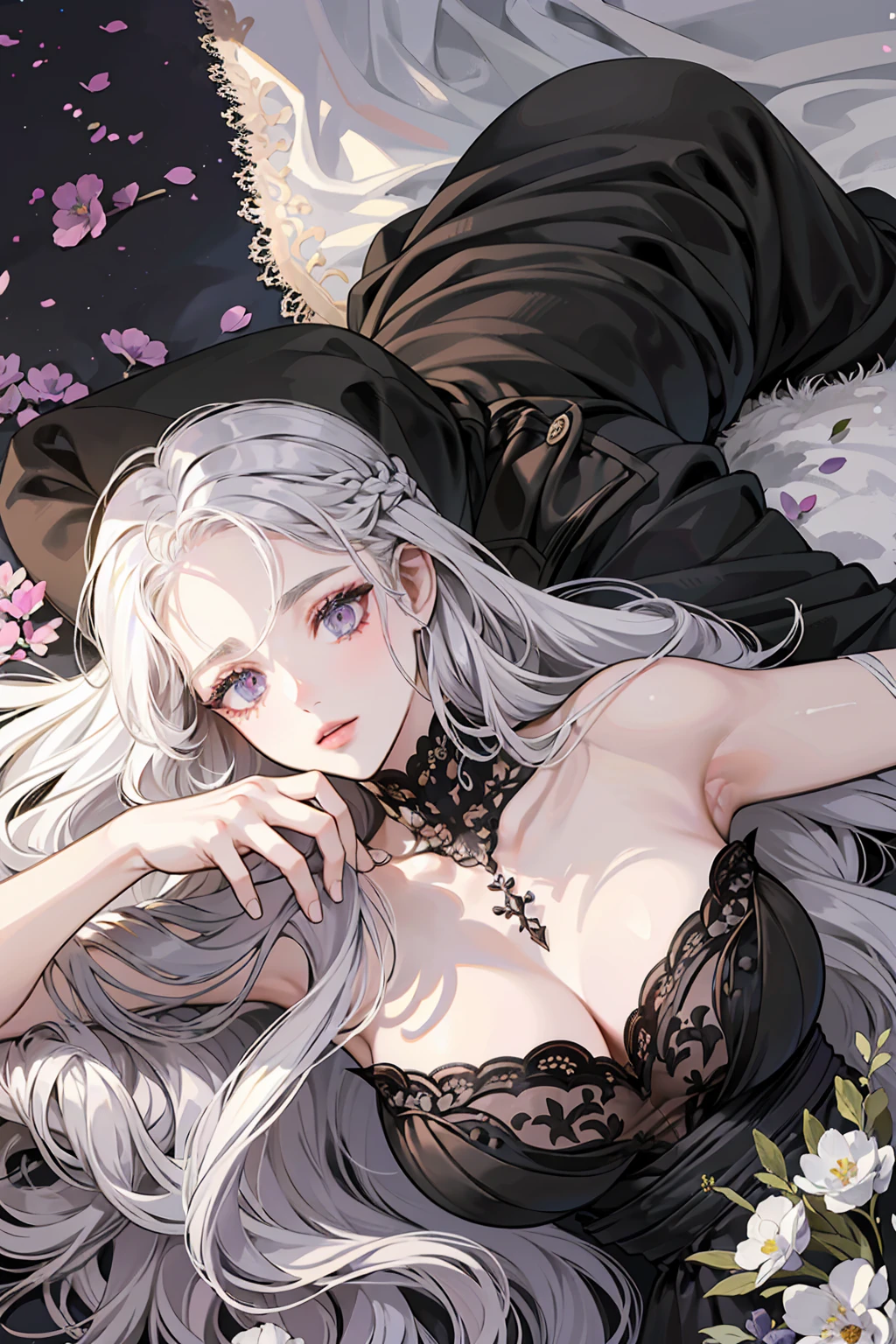 A woman with long silver-white hair lying on turf，Silvery-white hair，Long hair tered，Purple eye，((Black dress))，The turf is covered with various flowers，Colorful，Light，Texture，bangs，Natural causes，Delicate and beautiful details，(Eye details），very detailed illustration