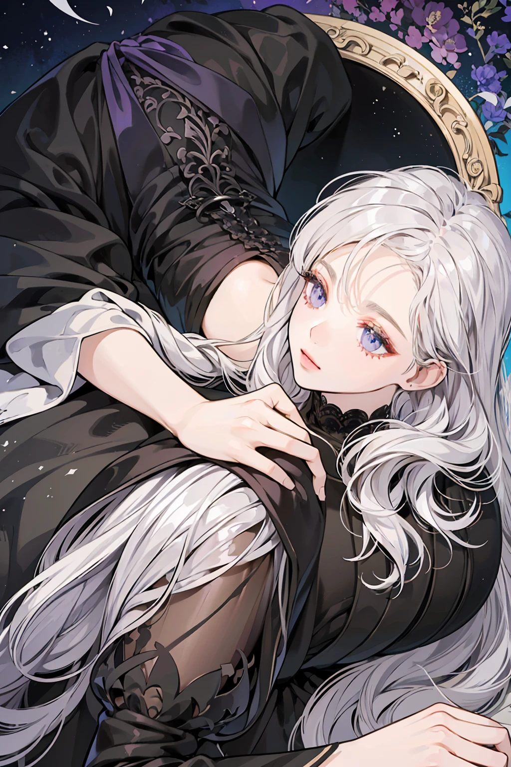 A woman with long silver-white hair lying on turf，Silvery-white hair，Long hair scattered，Purple eye，((Black dress))，The turf is covered with various flowers，Colorful，Light，Texture，bangs，Natural causes，Delicate and beautiful details，(Eye details），very detailed illustration