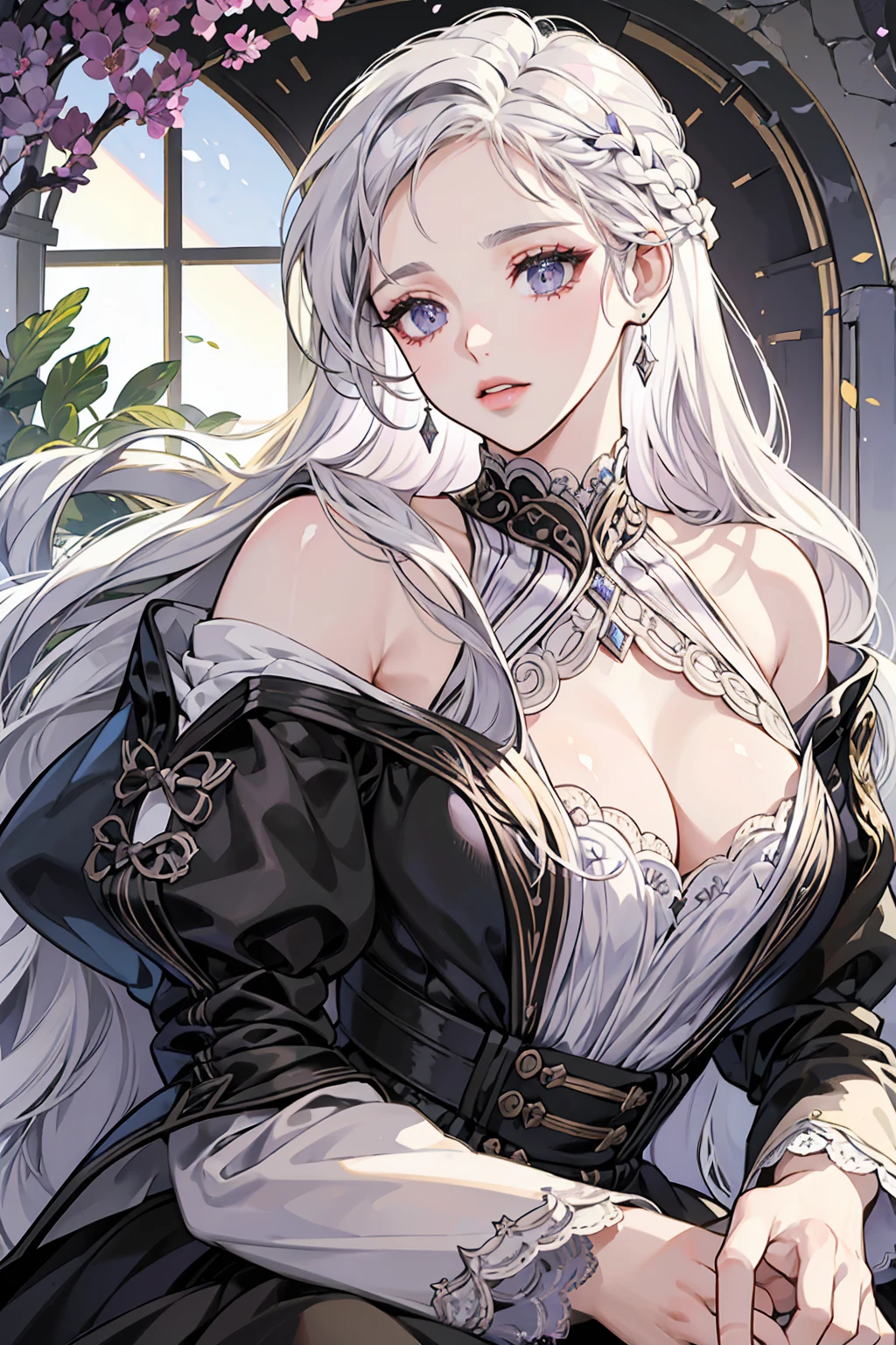 A woman with long silver-white hair lying on turf,Silvery-white hair,Long hair scattered,Purple eye,((Black dress)),The turf is covered with various flowers,Colorful,Light,Texture,bangs,Natural causes,Delicate and beautiful details,(Eye details),very detailed illustration