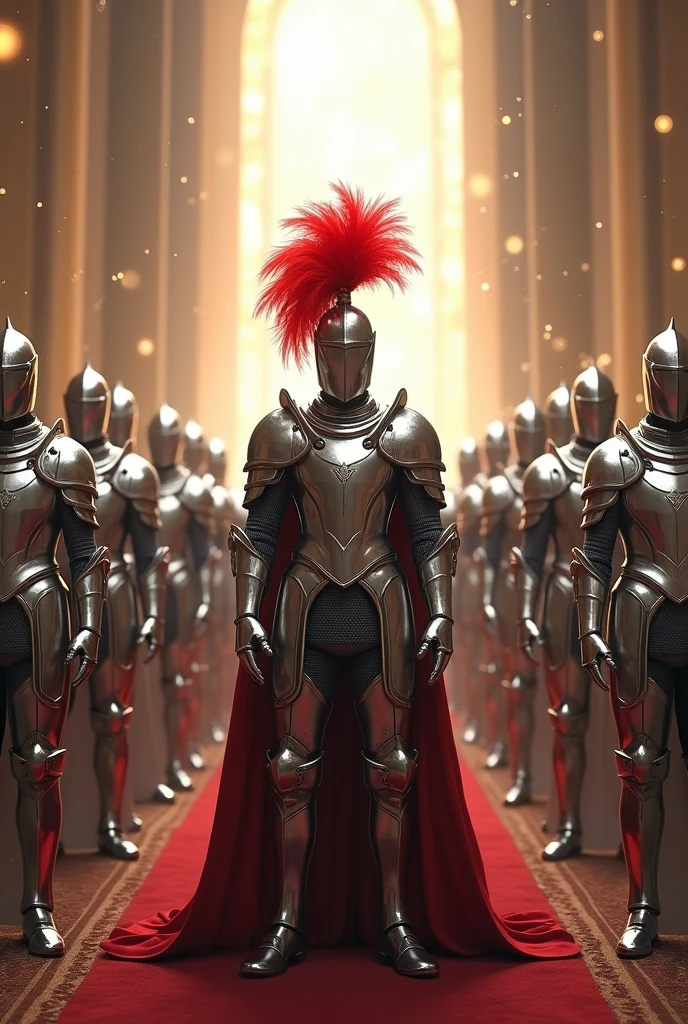 12 Angelic knights with silver faceless knight armor and one of them with red General feathers