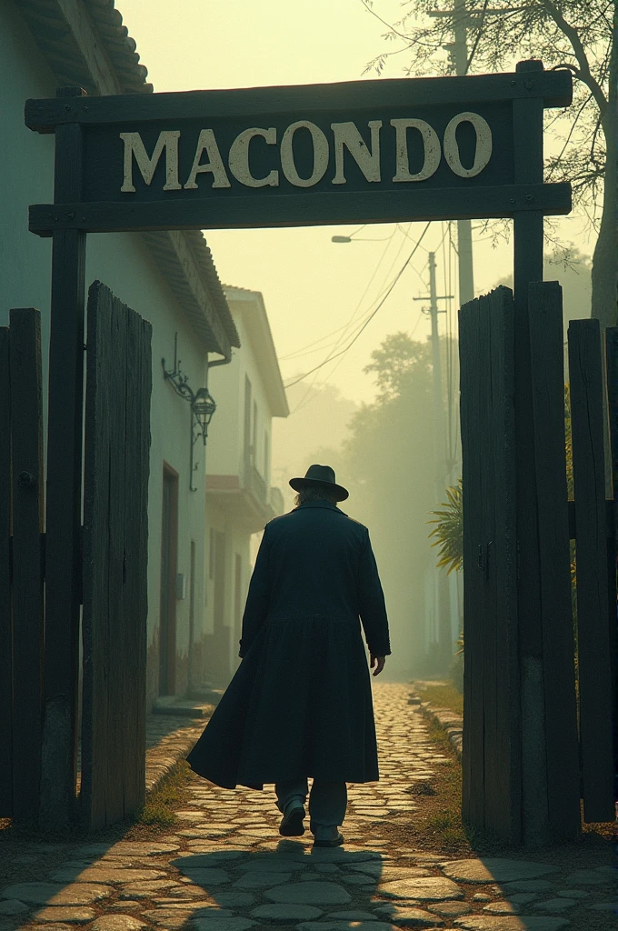 Forrastero arrives at the entrance sign to the Macondo town 100 years of solitude